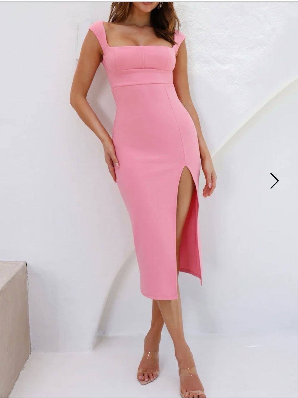 Hello Molly Pink Square-Neck Midi Dress with Side Slit